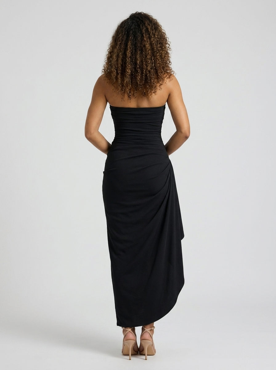 YALENA | RUCHED CREPE MAXI DRESS - Black