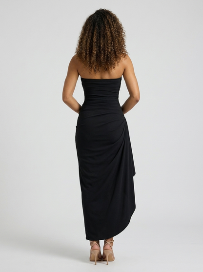 YALENA | RUCHED CREPE MAXI DRESS - Black