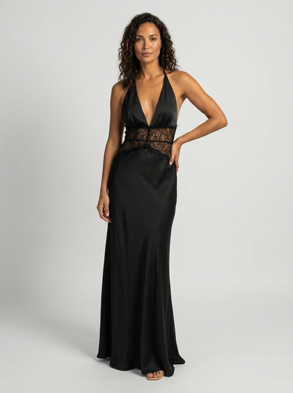 YANA | HALTER LACE WAIST MAXI DRESS - Black