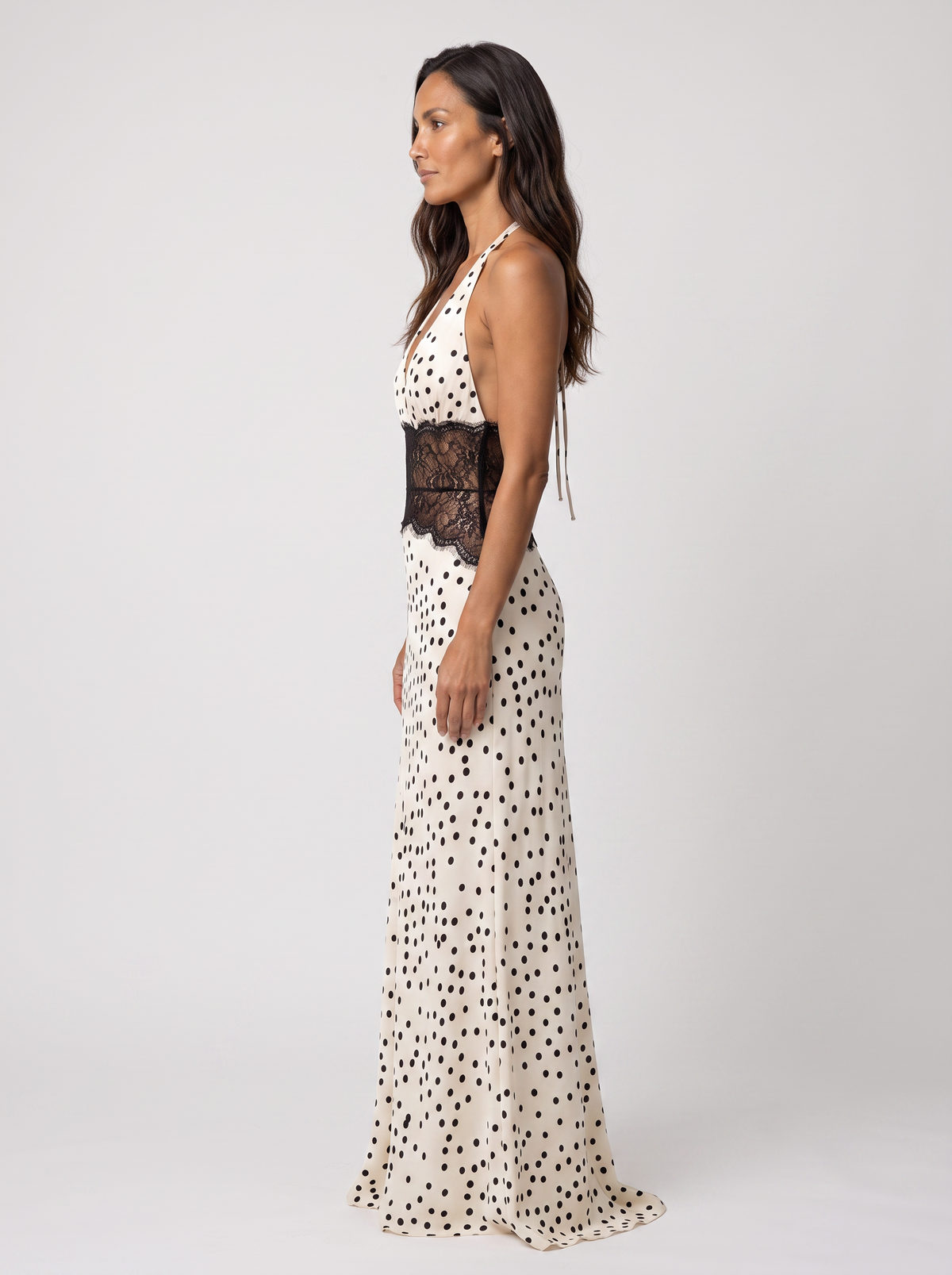YANA | HALTER LACE WAIST MAXI DRESS - Cream Polka Dot