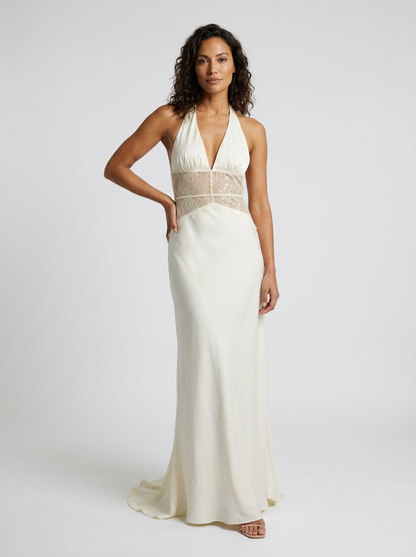 YANA | HALTER LACE WAIST MAXI DRESS - Ivory
