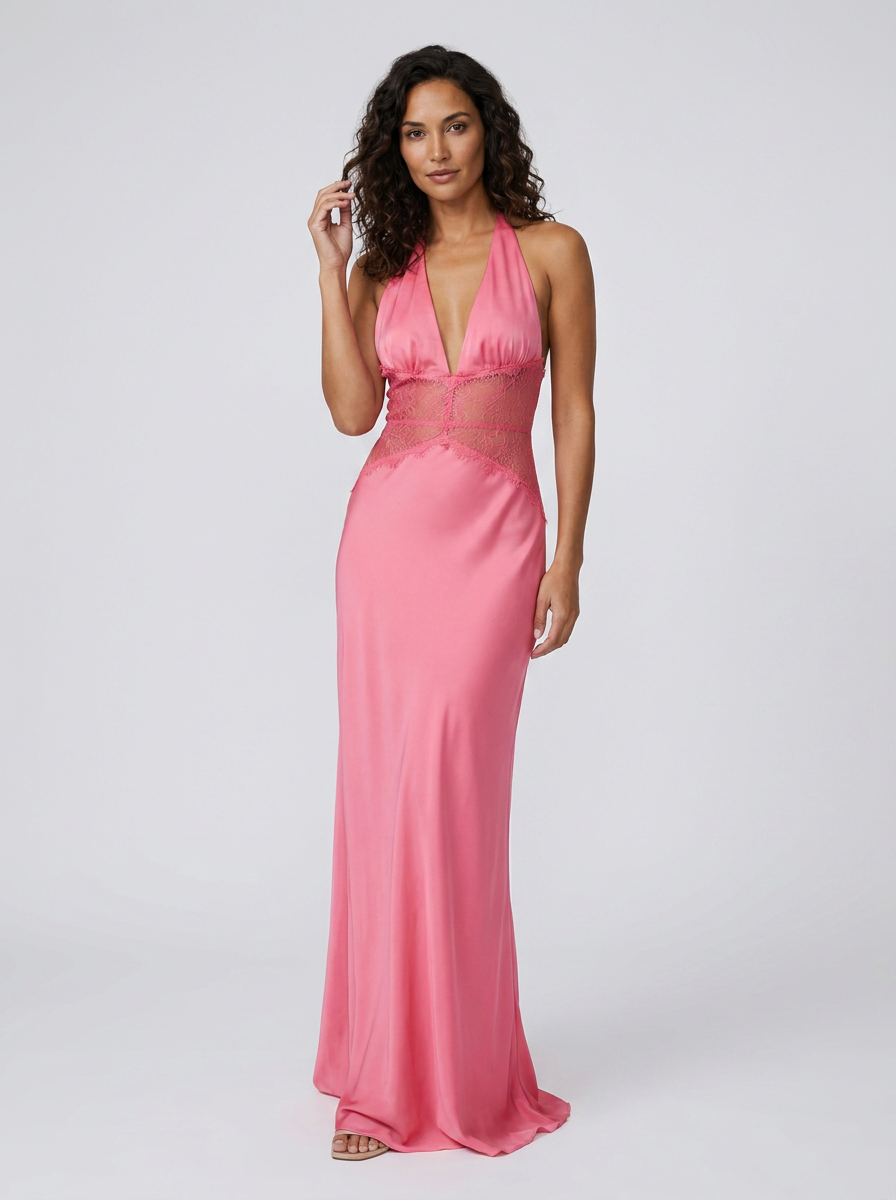 YANA | HALTER LACE WAIST MAXI DRESS - Pink