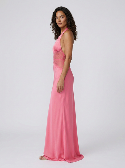 YANA | HALTER LACE WAIST MAXI DRESS - Pink