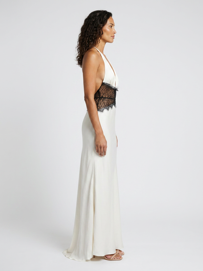 YANA | HALTER LACE WAIST MAXI DRESS - White and Black