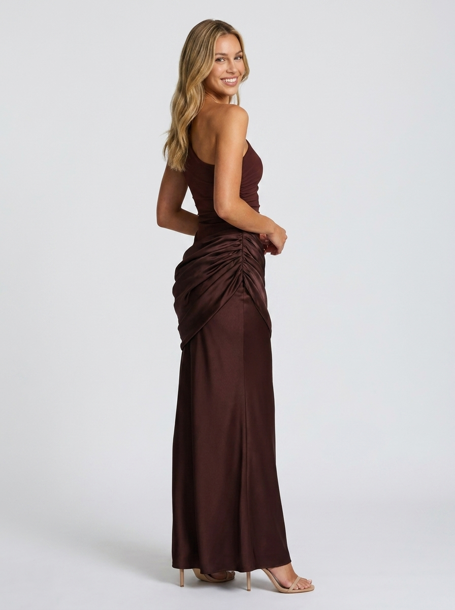YASMINA | ONE SHOULDER MAXI DRESS - Chocolate Brown