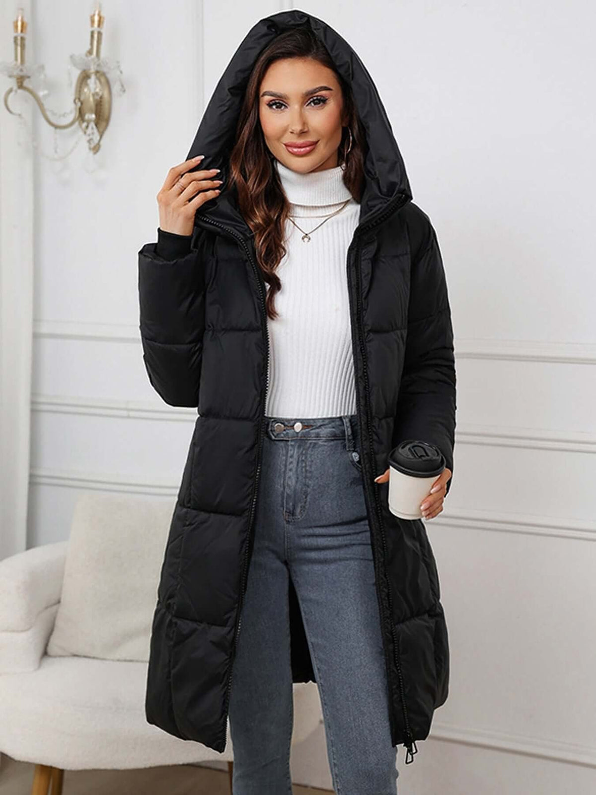 YESSENIA | HOODED DRAWSTRING PUFFER PARKA - Black