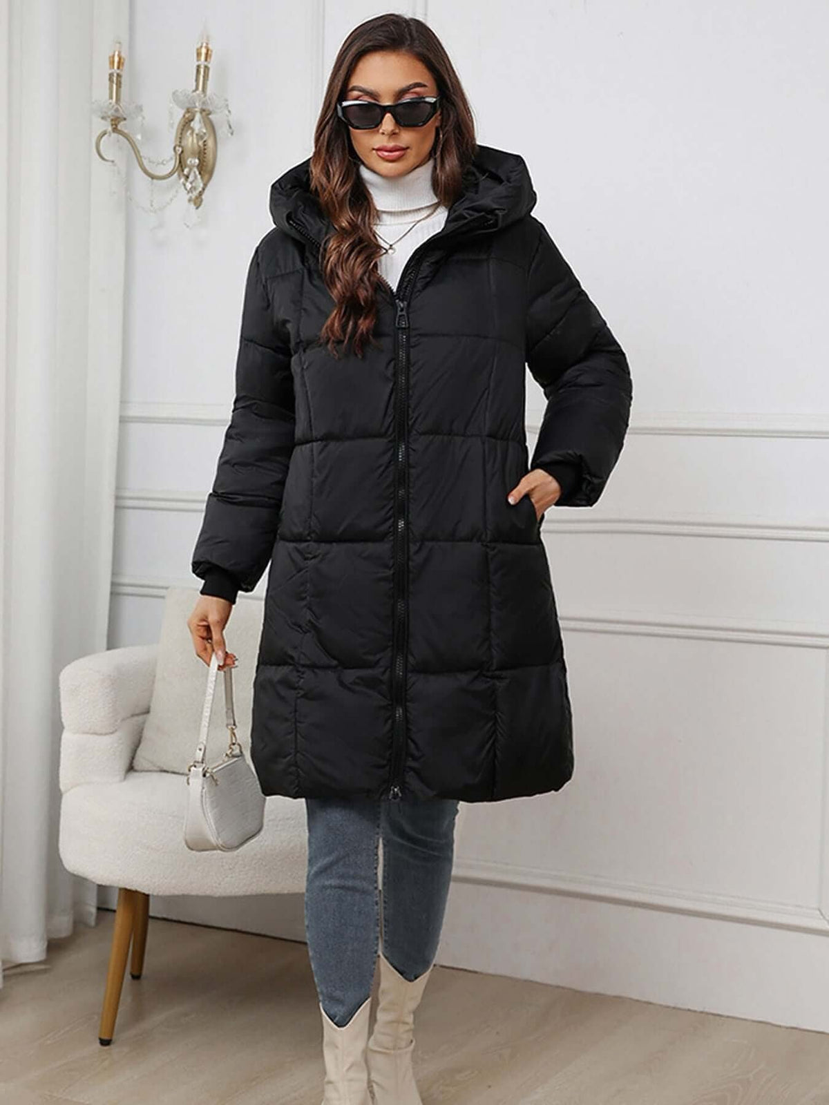 YESSENIA | HOODED DRAWSTRING PUFFER PARKA - Black