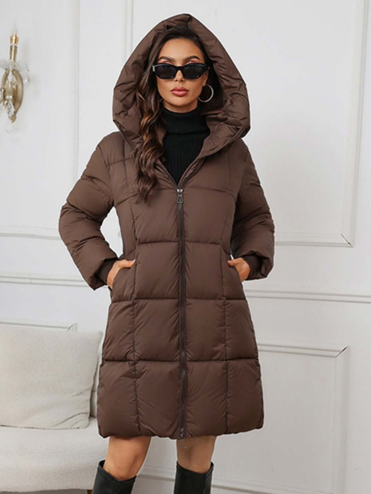 YESSENIA | HOODED DRAWSTRING PUFFER PARKA - Brown
