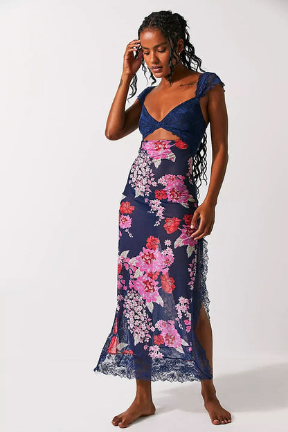 Navy blue lace maxi slip dress with pink and red floral print and lace hem