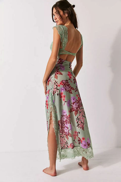 Sage green lace maxi slip dress with burgundy floral print and side slit