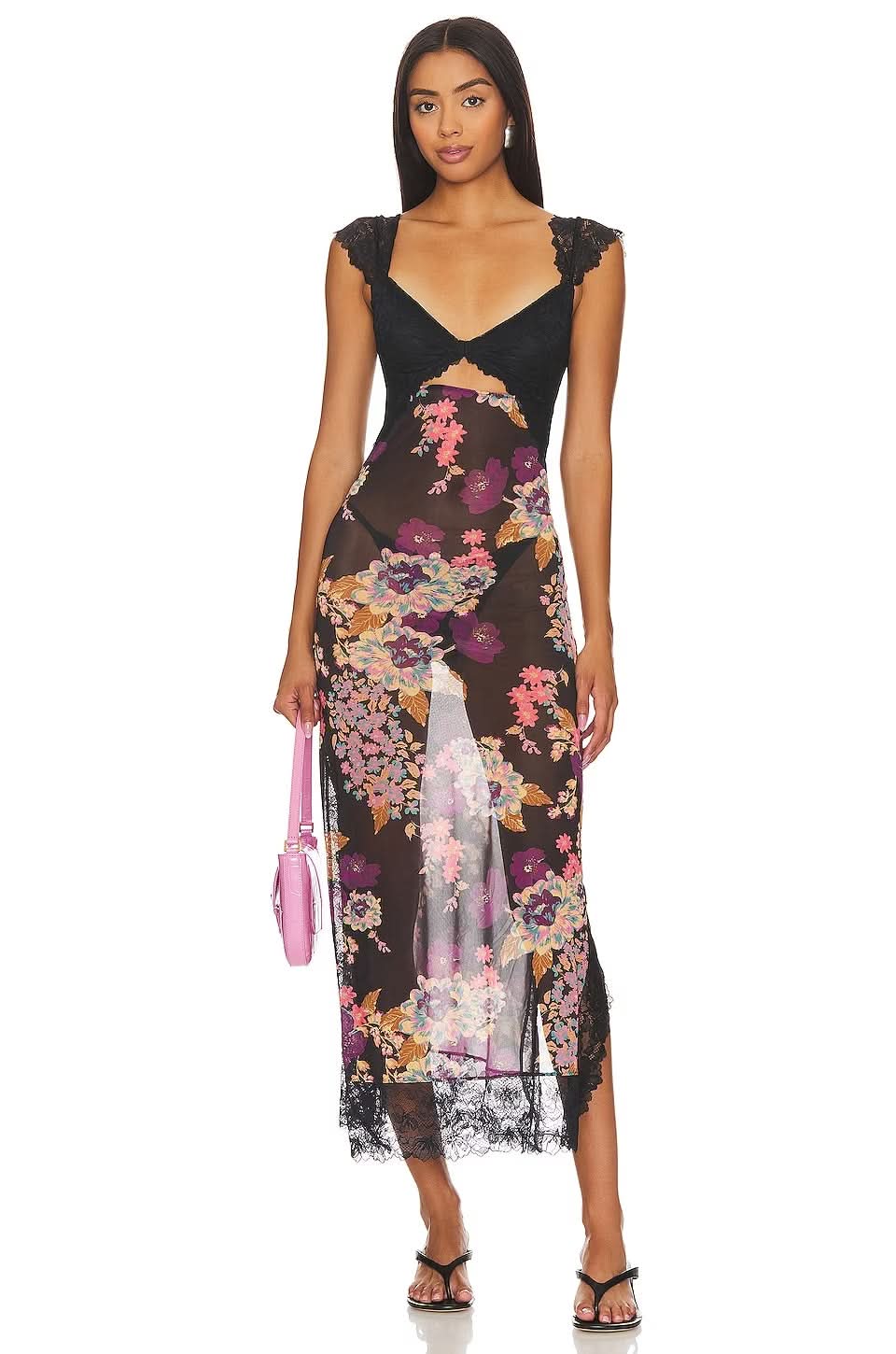 Black lace maxi slip dress with multicolor floral print and cutout bodice