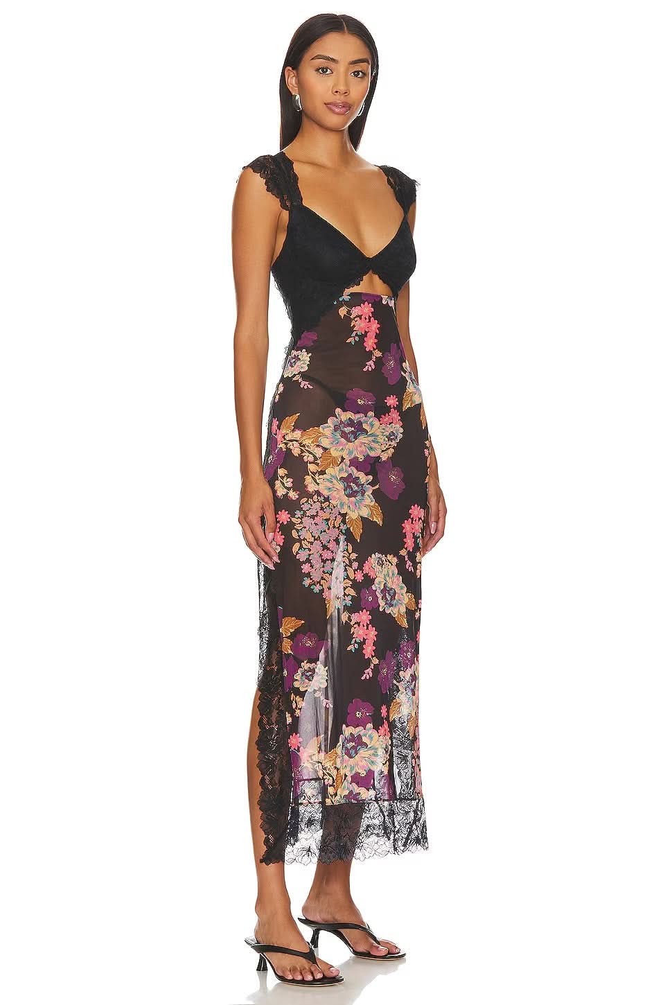 Black maxi slip dress with colorful floral print and lace trim hem