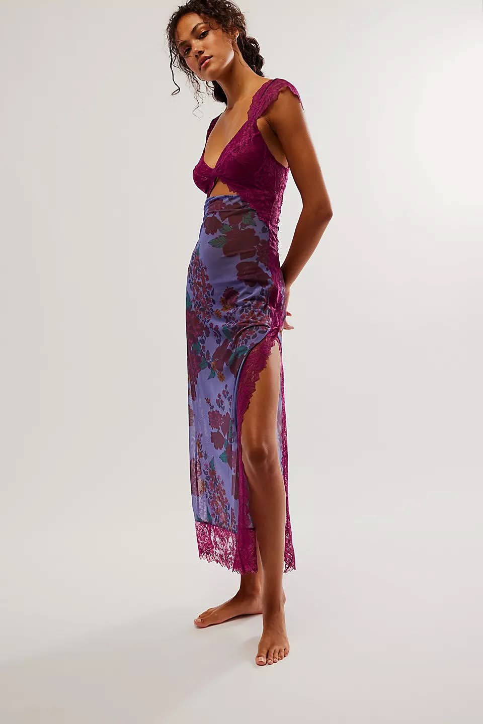 Magenta velvet maxi slip dress with purple floral print and lace trim