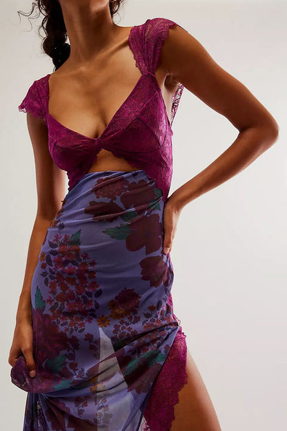 Magenta lace slip dress with purple floral pattern and side cutout