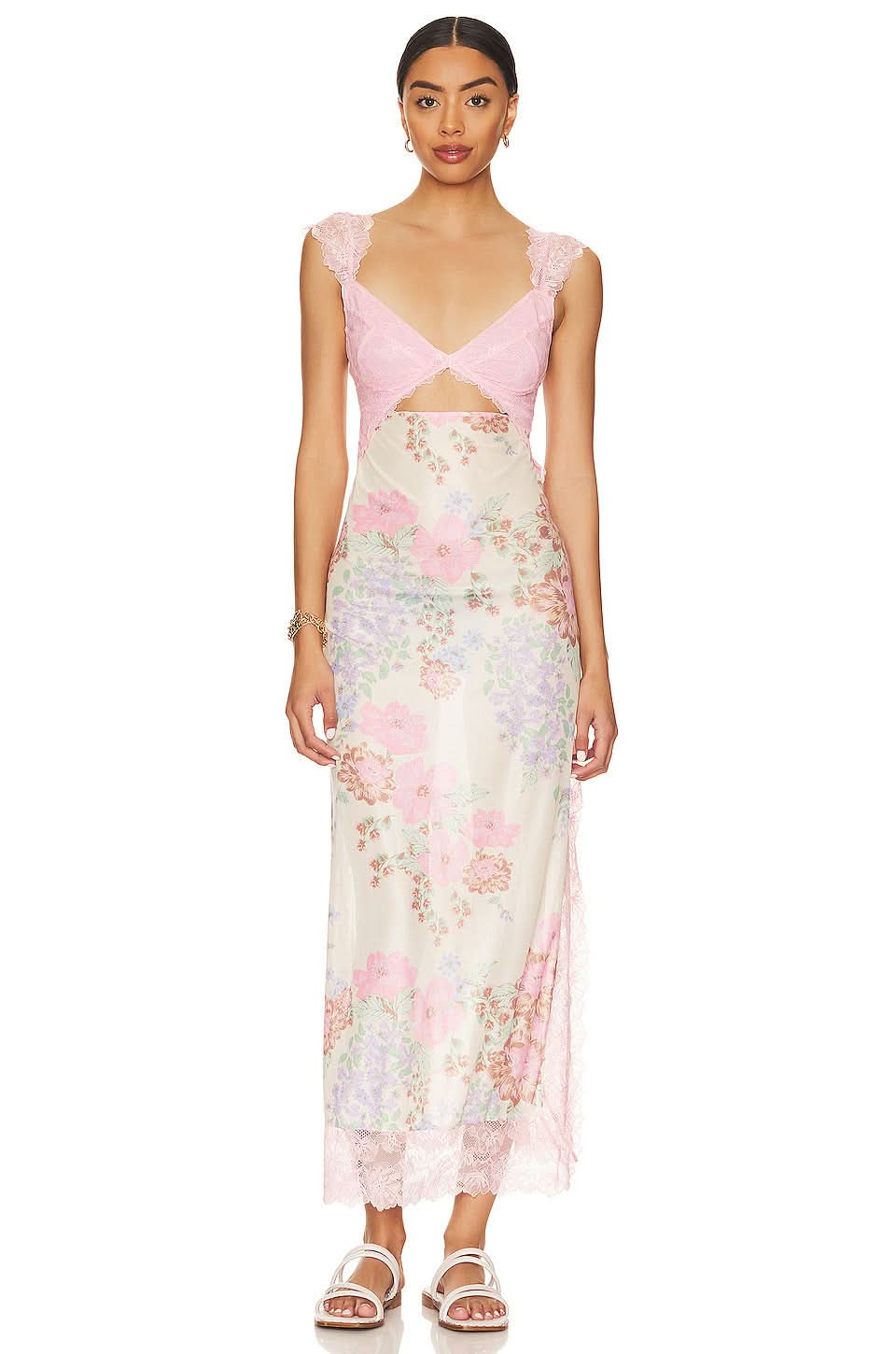 Pink lace maxi slip dress with floral print skirt and cutout waist