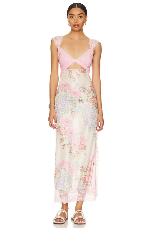 Pink lace maxi slip dress with floral print skirt and cutout waist