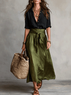 YLVA | TIE WAIST SATIN MIDI SKIRT SET - Black and Olive