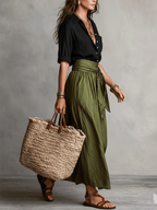 YLVA | TIE WAIST SATIN MIDI SKIRT SET - Black and Olive