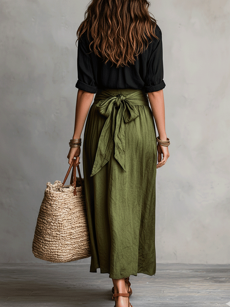 YLVA | TIE WAIST SATIN MIDI SKIRT SET - Black and Olive
