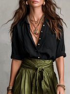 YLVA | TIE WAIST SATIN MIDI SKIRT SET - Black and Olive