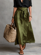 YLVA | TIE WAIST SATIN MIDI SKIRT SET - Black and Olive