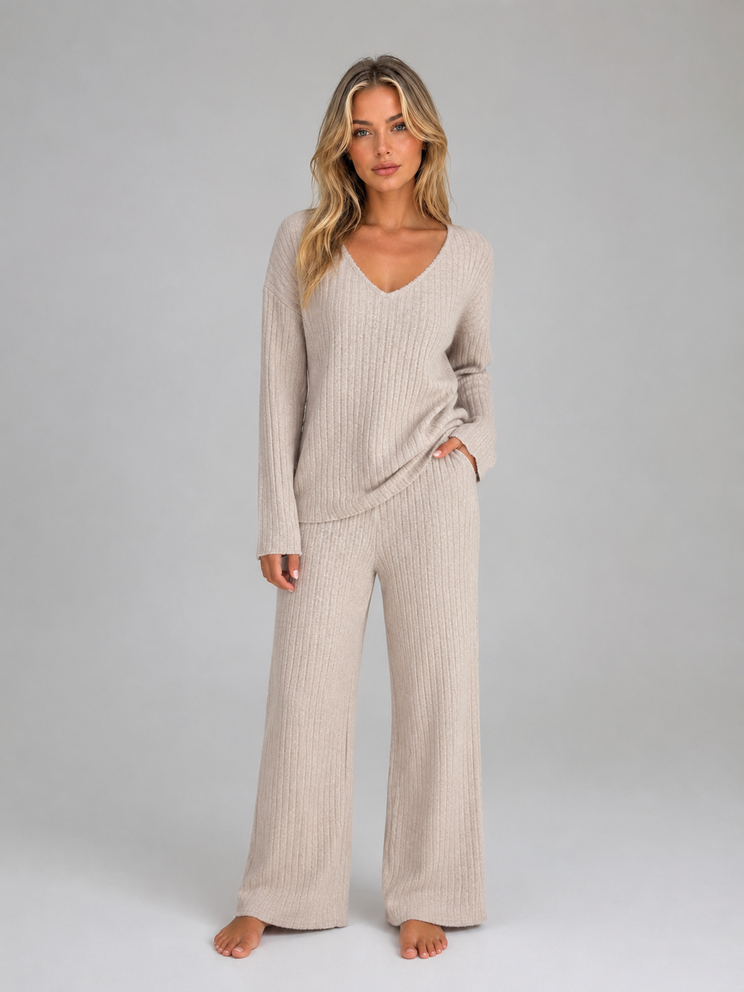 YNEZ | V-NECK SWEATER WIDE-LEG LOUNGE SET - Beige