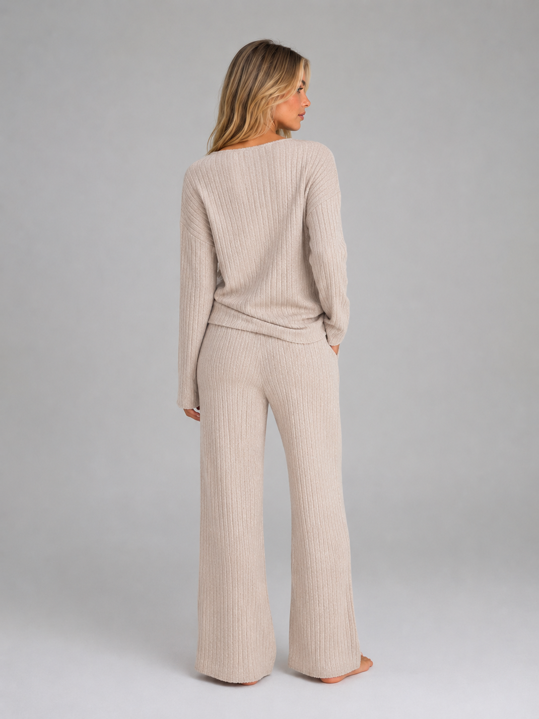 YNEZ | V-NECK SWEATER WIDE-LEG LOUNGE SET - Beige