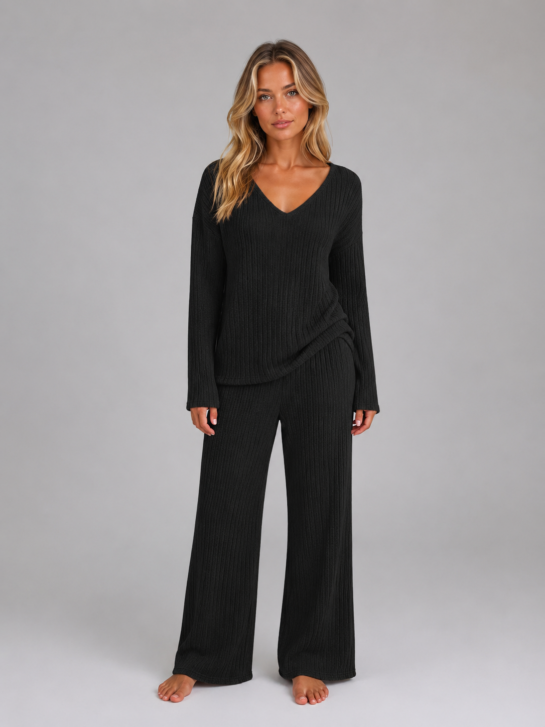 YNEZ | V-NECK SWEATER WIDE-LEG LOUNGE SET - Black