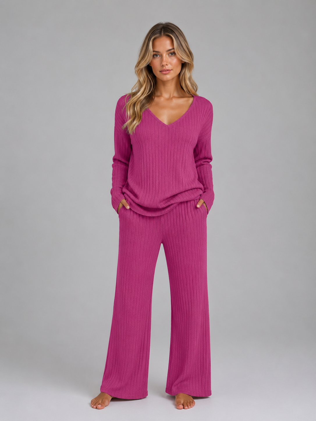 YNEZ | V-NECK SWEATER WIDE-LEG LOUNGE SET - Fuchsia