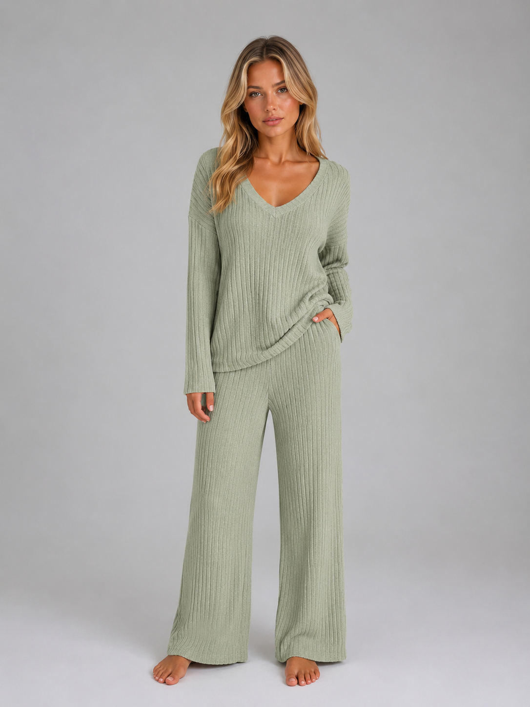 YNEZ | V-NECK SWEATER WIDE-LEG LOUNGE SET - Sage Green