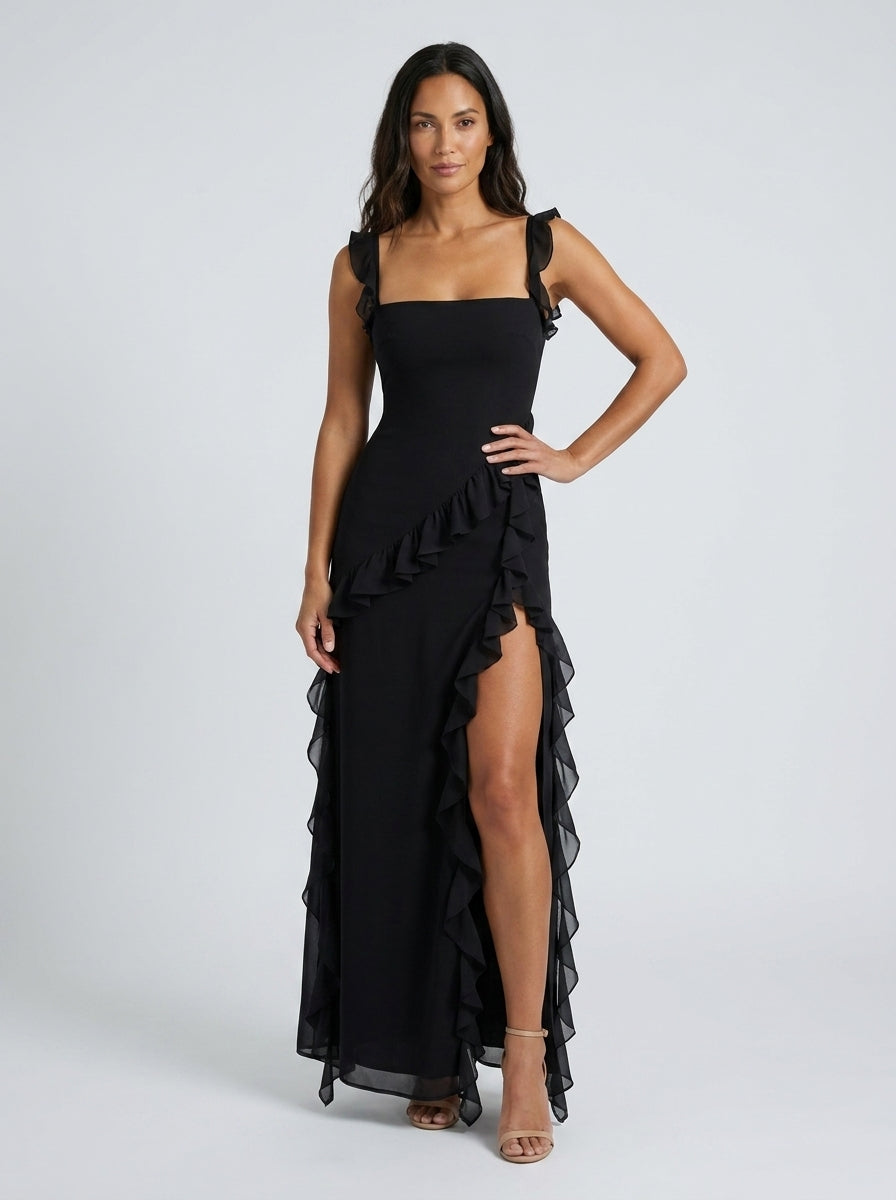 YOLANDE | RUFFLE MAXI DRESS - Black