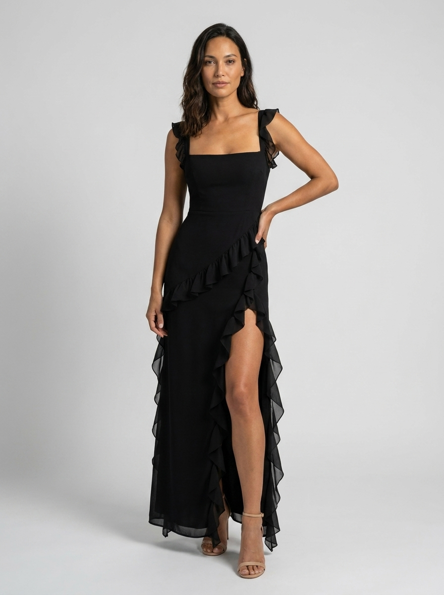 YOLANDE | RUFFLE MAXI DRESS - Black