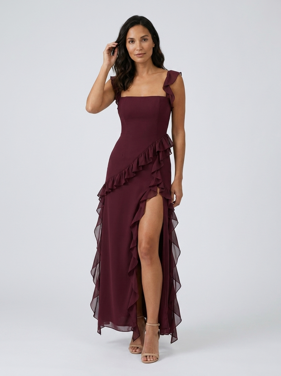 YOLANDE | RUFFLE MAXI DRESS - Burgundy