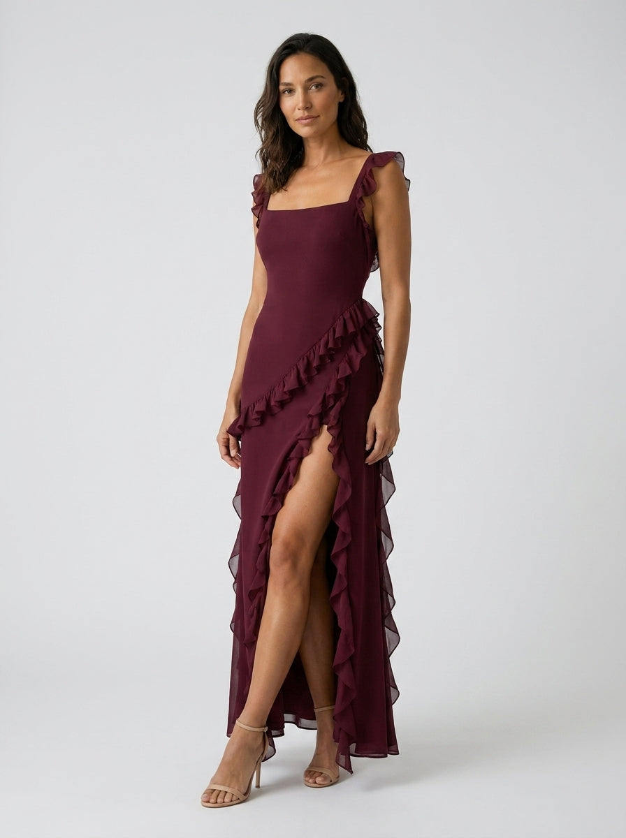 YOLANDE | RUFFLE MAXI DRESS - Burgundy