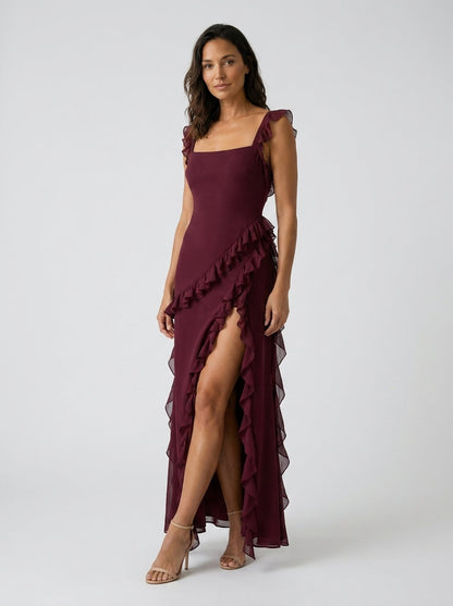 YOLANDE | RUFFLE MAXI DRESS - Burgundy