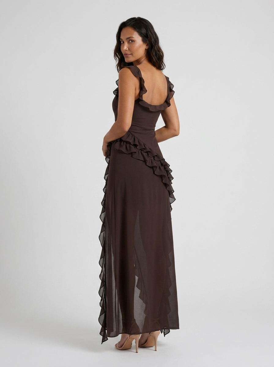 YOLANDE | RUFFLE MAXI DRESS - Chocolate Brown
