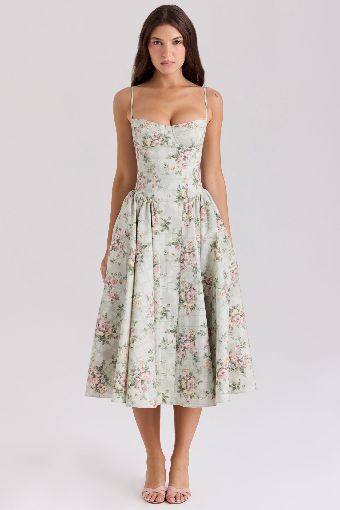 Cream midi dress with pink roses and green foliage print, fitted sweetheart neckline bodice