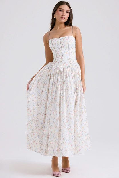 Cream midi dress with small multicolor floral print, fitted bodice, full skirt