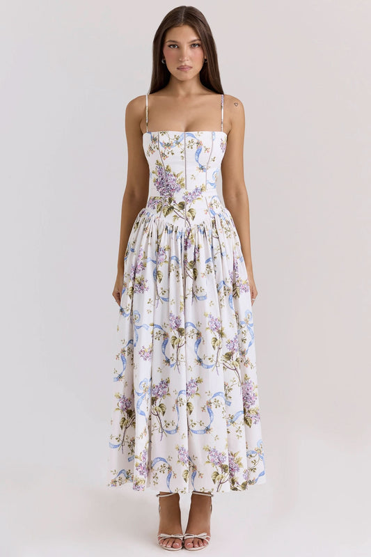 White floral midi dress with purple and blue flowers, fitted bodice, full skirt