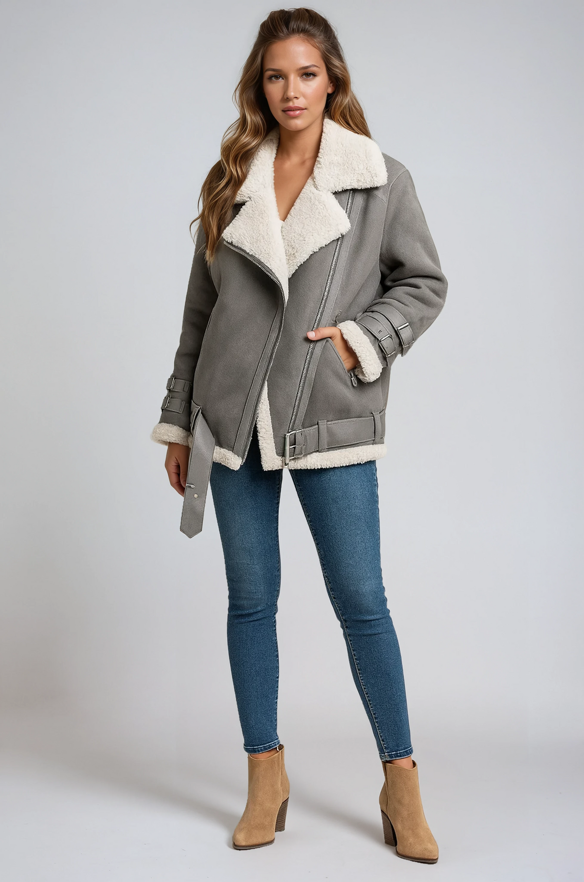 YSOLDE | FAUX SHEARLING AVIATOR JACKET - Gray