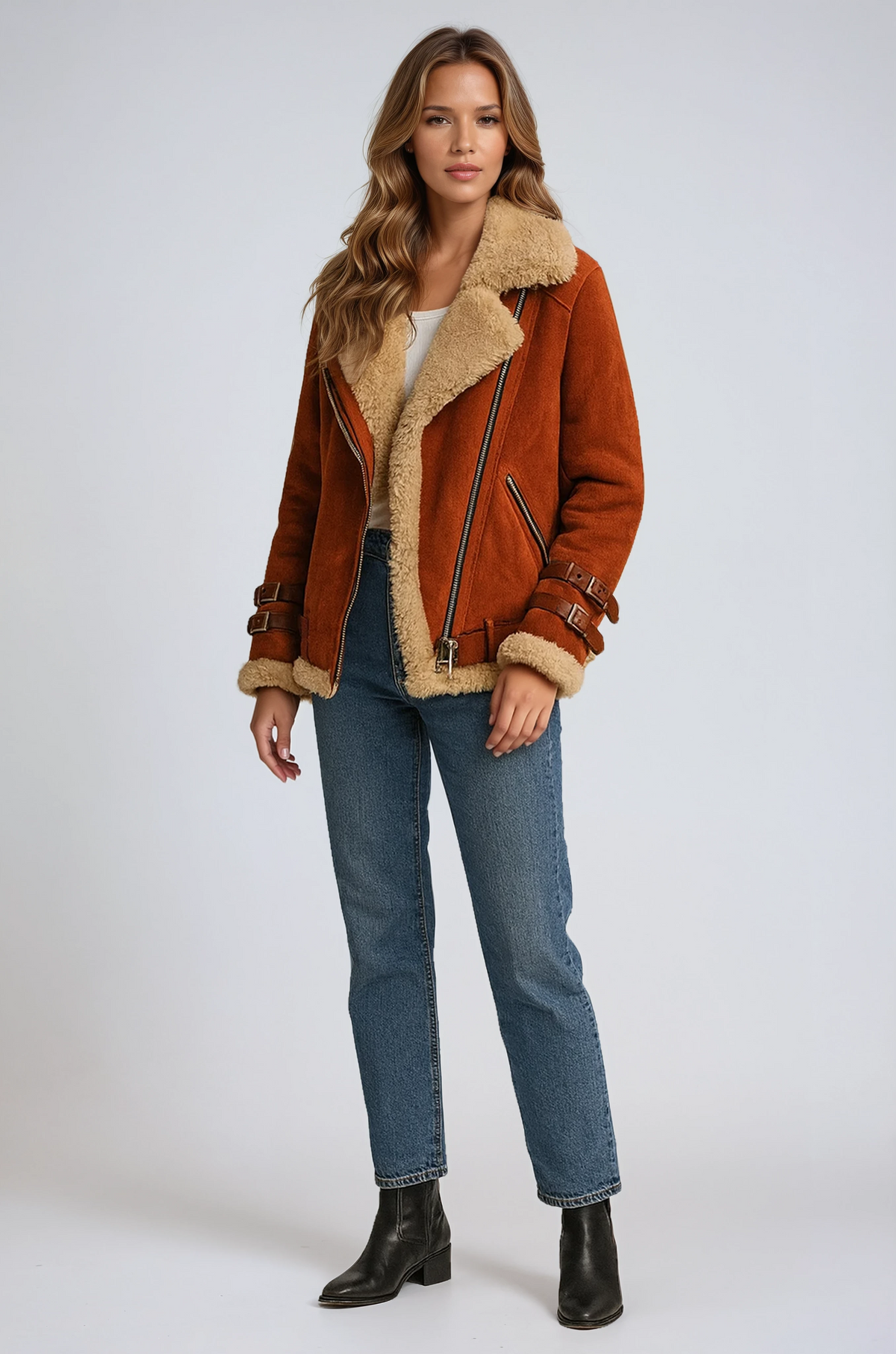 YSOLDE | FAUX SHEARLING AVIATOR JACKET - Rust