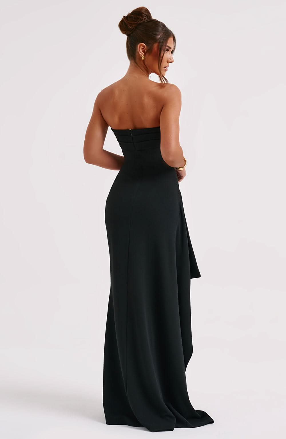 Black strapless maxi dress with high slit back view