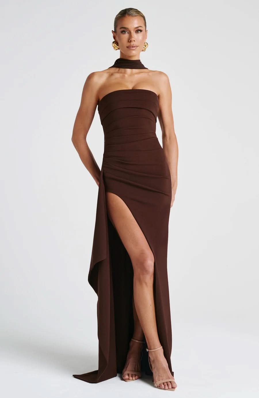 Brown halter maxi dress with high slit and ruched bodice detail