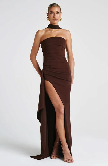 Brown halter maxi dress with high slit and ruched bodice detail