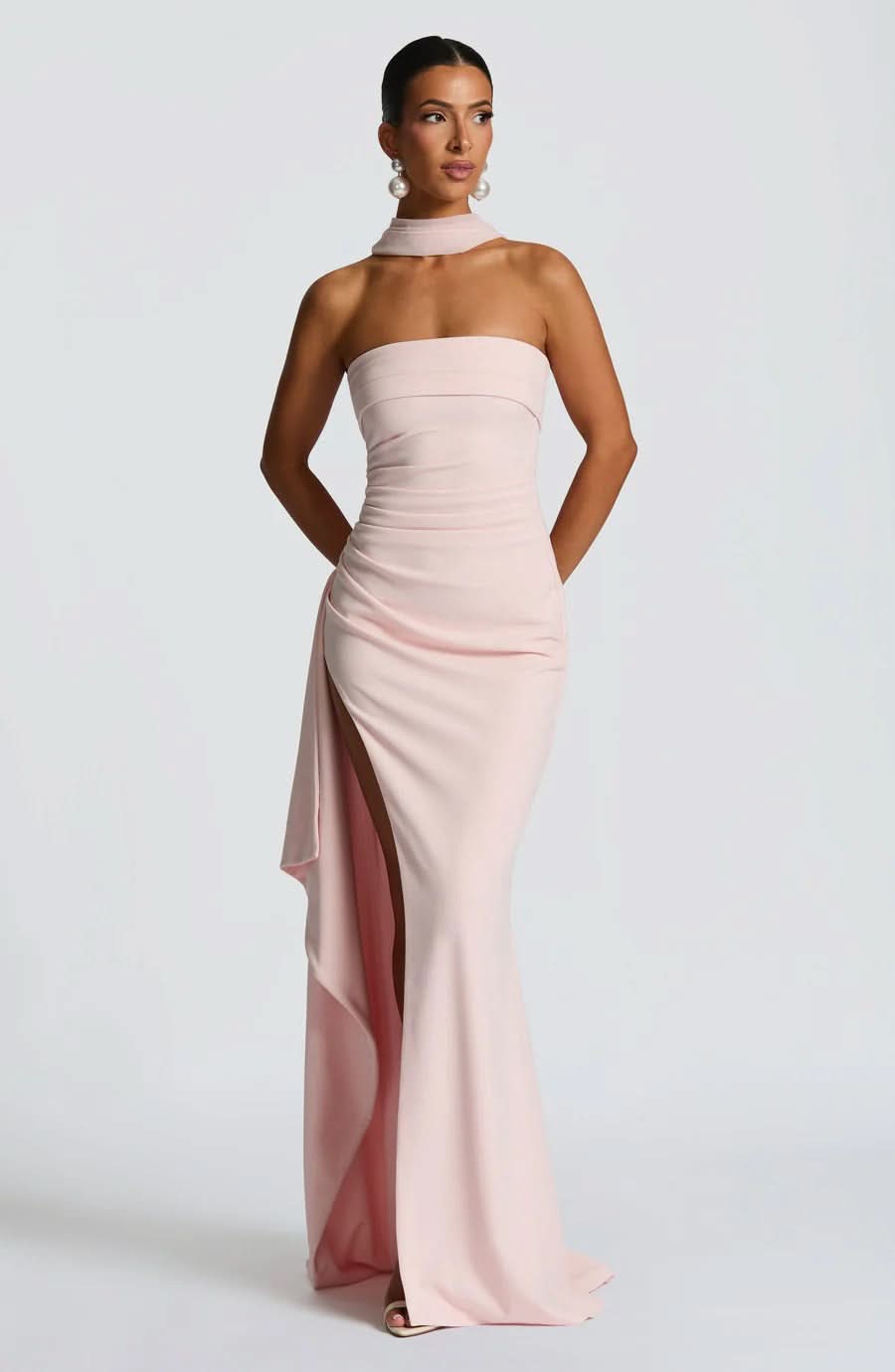 Blush pink strapless maxi dress with choker neckline and side slit