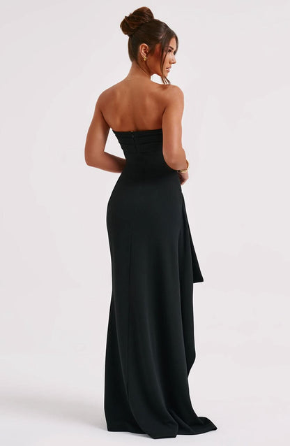 Black strapless maxi dress back view showing fitted silhouette