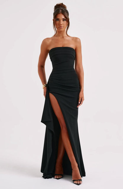 Black strapless maxi dress front view with high leg slit