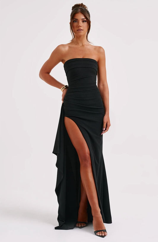 Black strapless maxi dress with ruched bodice and high side slit