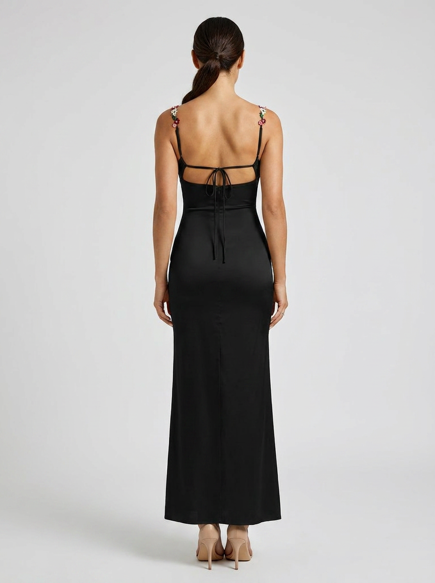 ZAHRA | SATIN FLORAL TRIM GOWN - Black