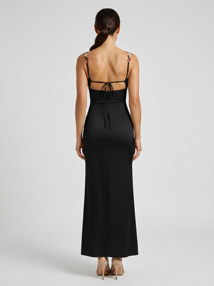 ZAHRA | SATIN FLORAL TRIM GOWN - Black